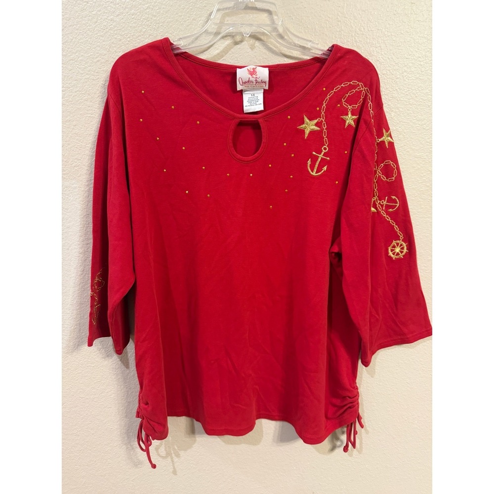 Quacker Factory Nautical Top Women 1X Red Excellent Embroidered Anchor Keyhole